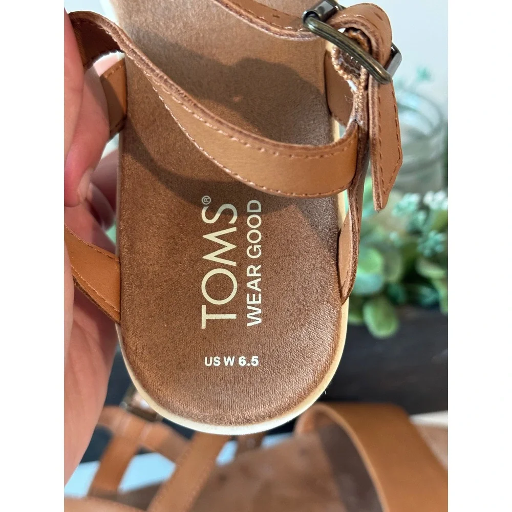 TOMS Diana Tan Brown Leather Platform Wedge Ankle Strap Sandals Womens 6.5